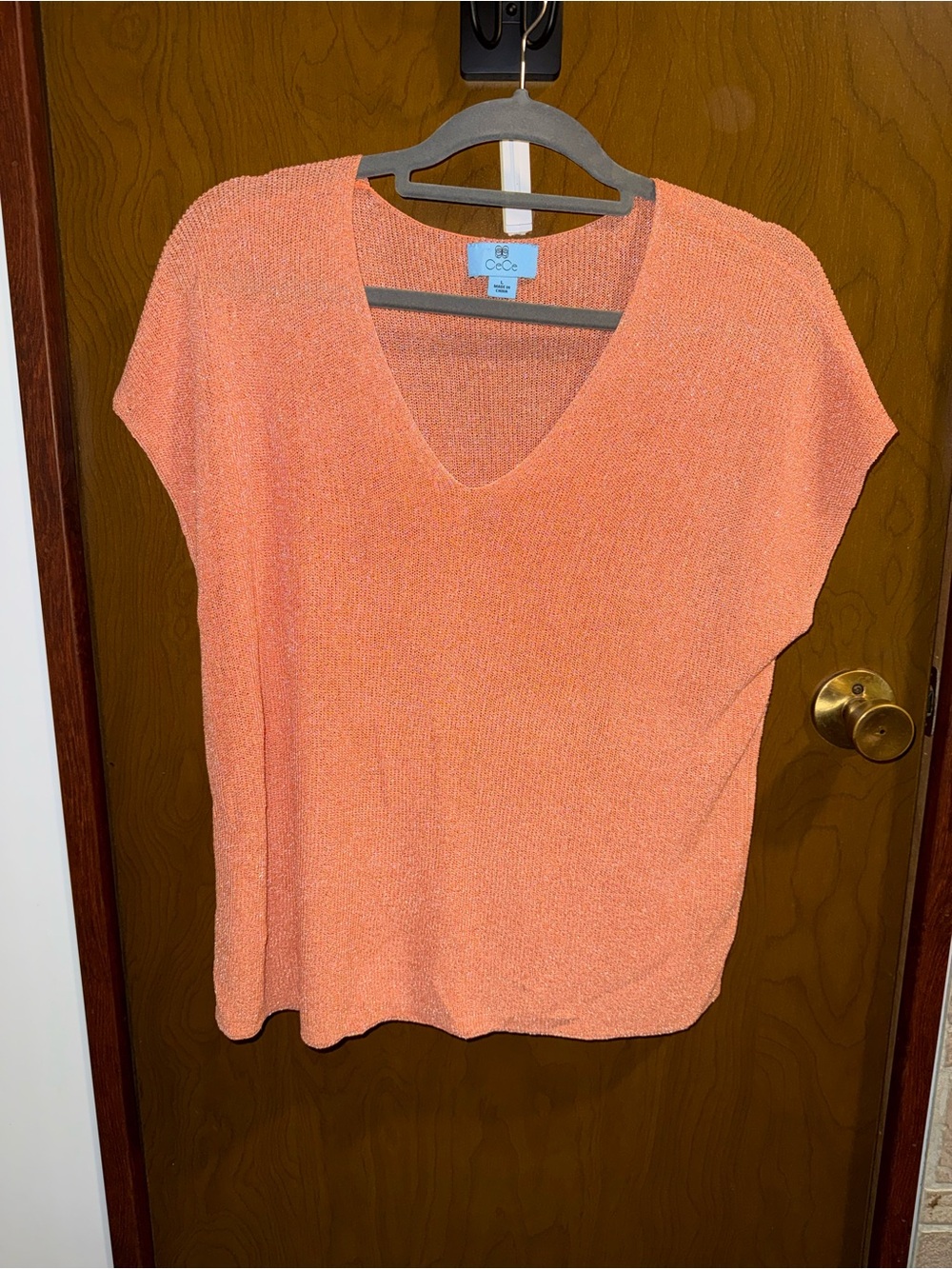 CeCe V-Neck Short Sleeve Knit Top in Coral